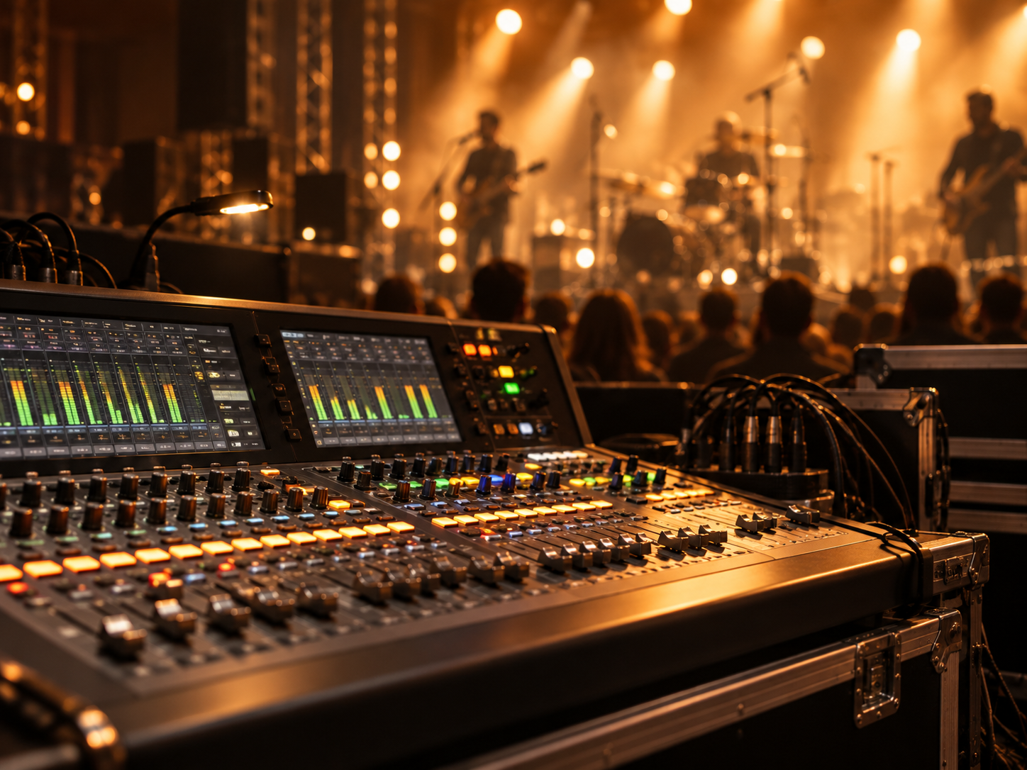Tecnico del suono live con console FOH durante un concerto