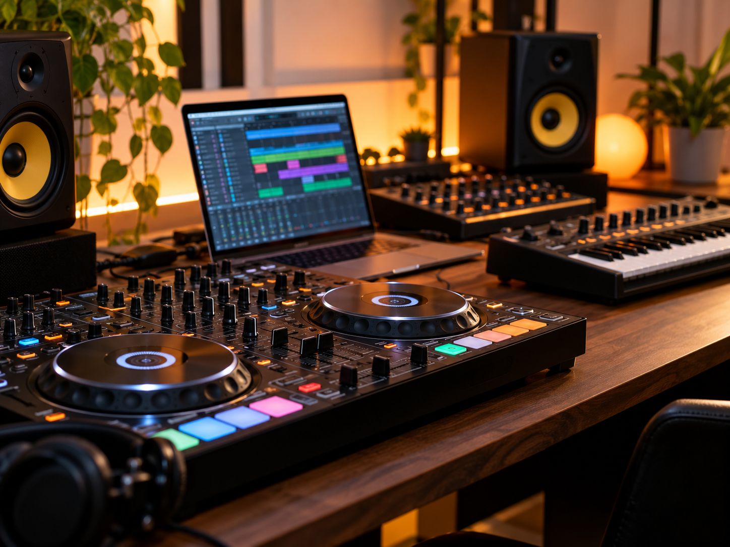 Postazione DJ e produzione musicale in uno studio moderno