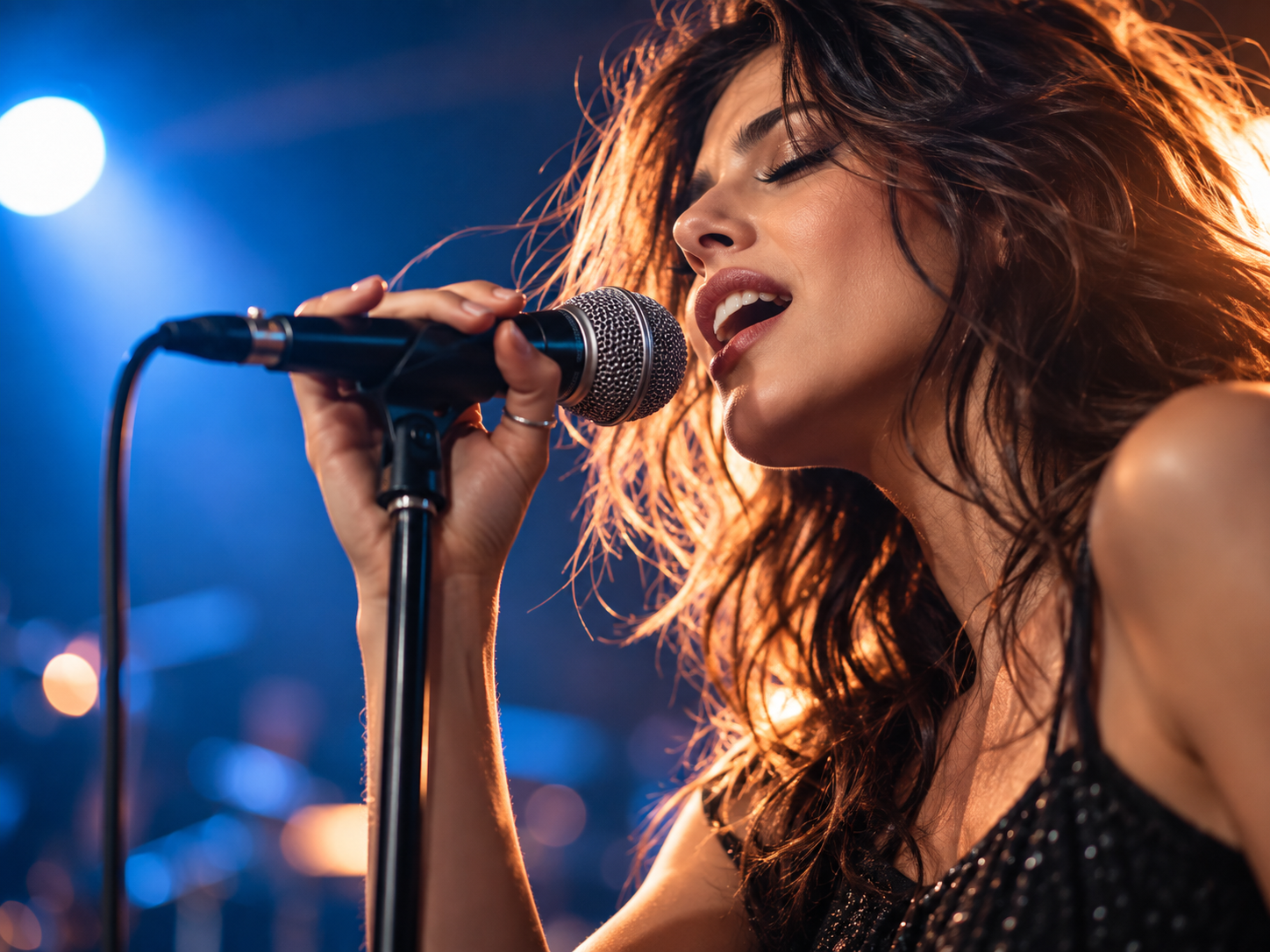 Cantante moderna al microfono durante una performance