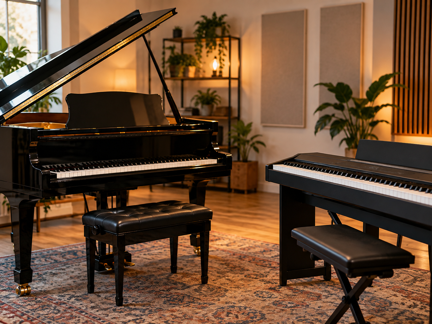 Pianoforte e tastiera in una sala musicale moderna