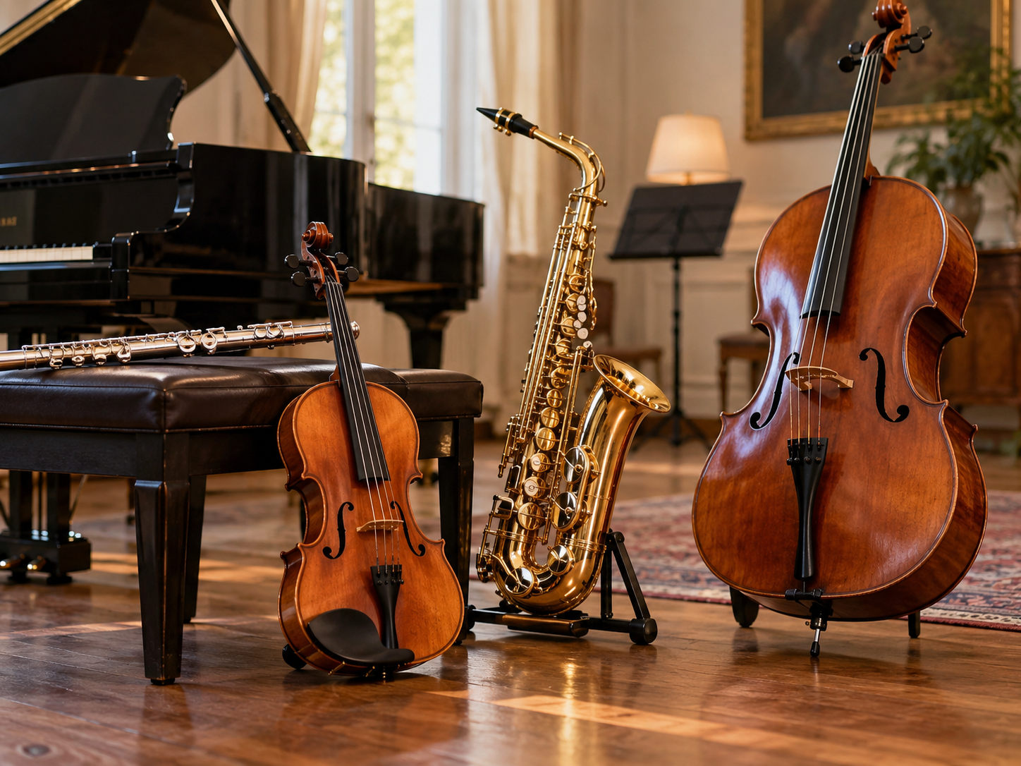 Violino, flauto, sax e violoncello in una sala musicale elegante