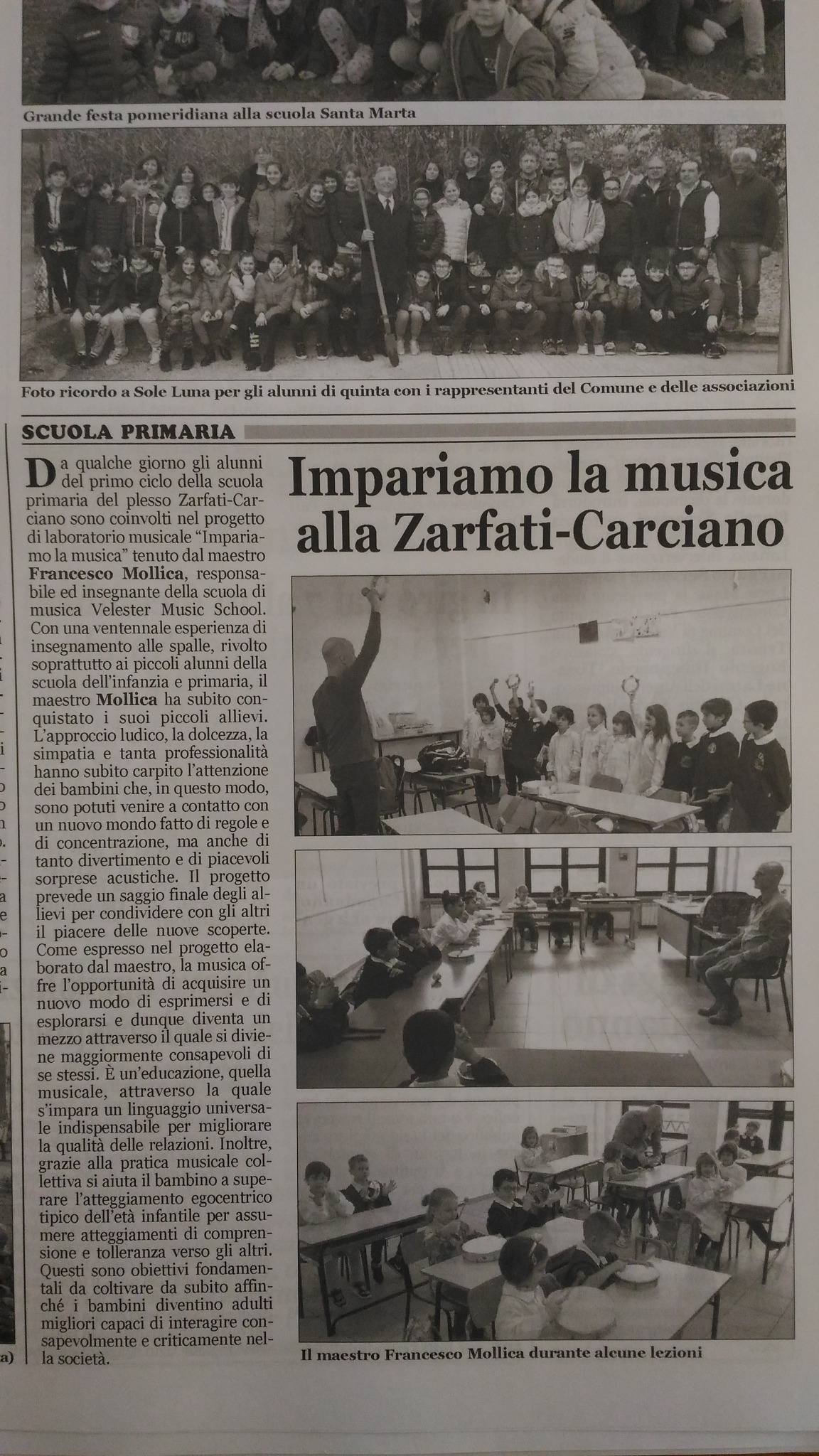 Articolo di giornale sul laboratorio musicale alla scuola Zarfati-Carciano con Francesco Mollica