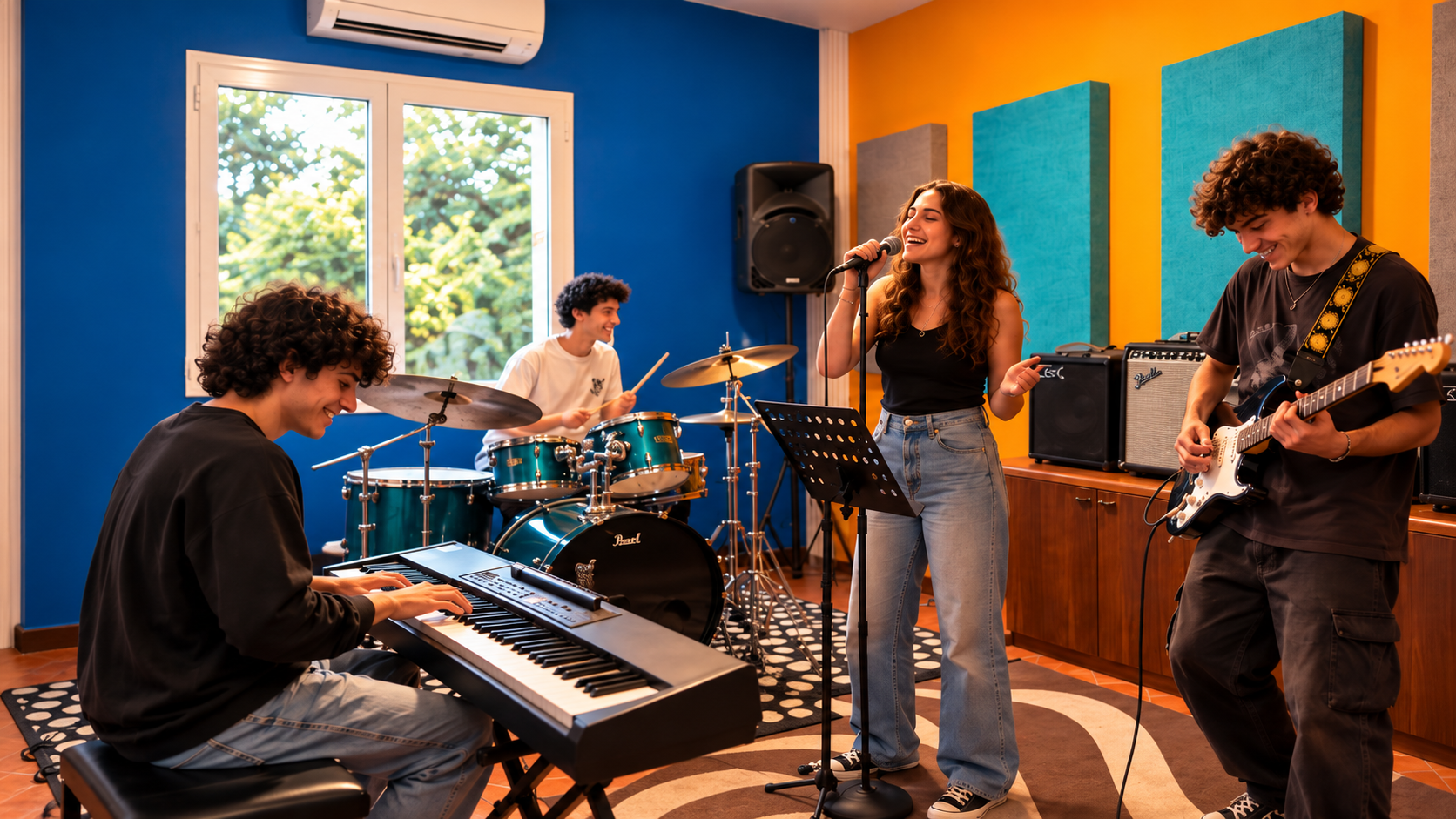 Band che suona nella sala reale Velester Music con parete blu dietro il batterista